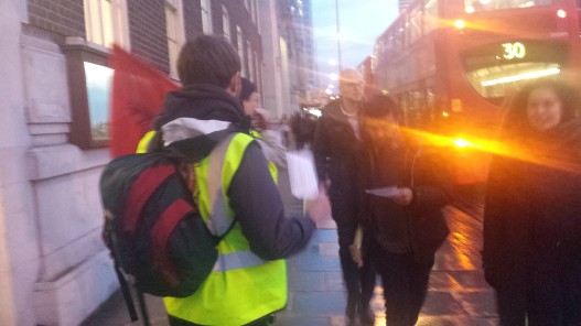 IWW members leafleting on Euston Road outside Friends House, just around the corner from UCL.